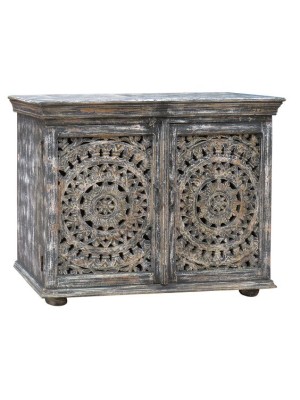 Two Door Carving Gray wooden Cabinet